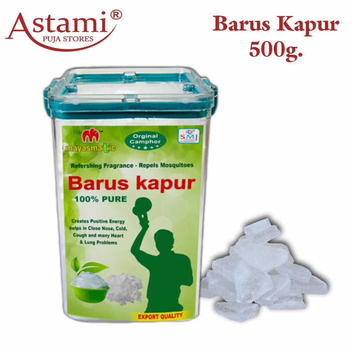 Mayasmatic Barus Camphor Premium Jar of 500g | Crystal Clear Organic Desi Kapur Flakes | Pure Refreshing Aroma Use for Diffuser Purpose, Daily Puja, Aarti, Meditation & Aromatherapy