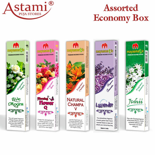 Mayasmatic M. Flower, L. Mogra, Natural Champa, Lavender & Juhii Incense Sticks Economy Box Astami Puja Store SMJ Venture Pvt Ltd Kolkata