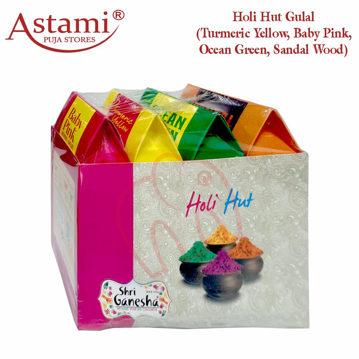 Shri Ganesha Organic Gulal Colors in Gift Packaging Hut Box, Holi Colors, Rangoli Powder, Natural Holi Rang, Eco Friendly Color Powder, Mulitcolor, Set of 4 (1 Box)