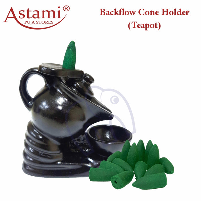 Polyresin Material Smoke Backflow Incense Burner Teapot Design with Sandal Backflow Cone for Home Decor | A Perfect Gift Combo